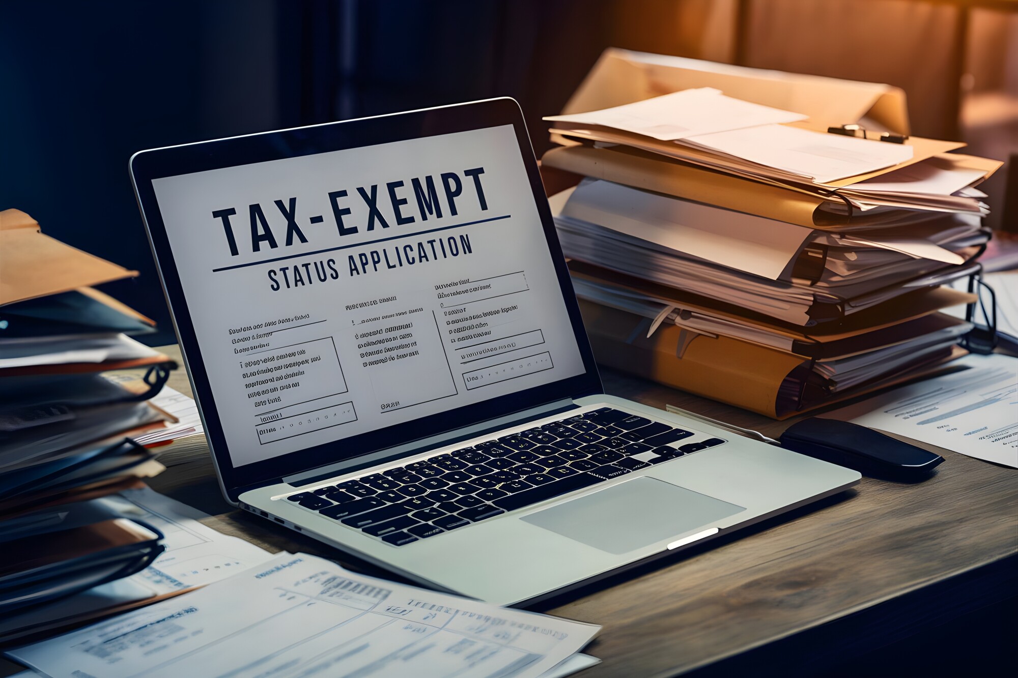 Laptop Open on Desk Surrounded by stacks of files and screen reads Tax Exempt Status Application
